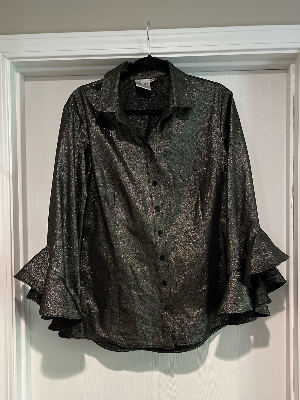 Finley Metallic Black Ruffled-Sleeve Button-Up Top